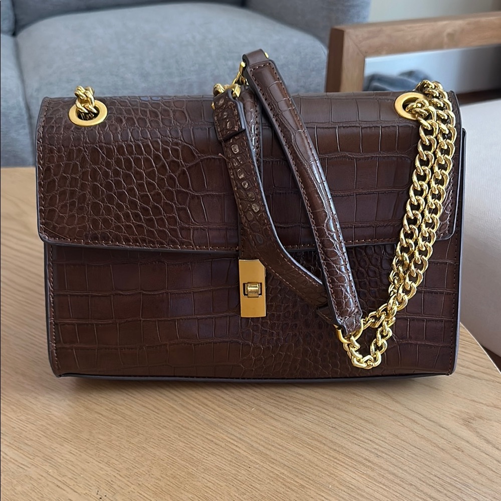 Mango Brown Crocodile-Embossed Shoulder Bag